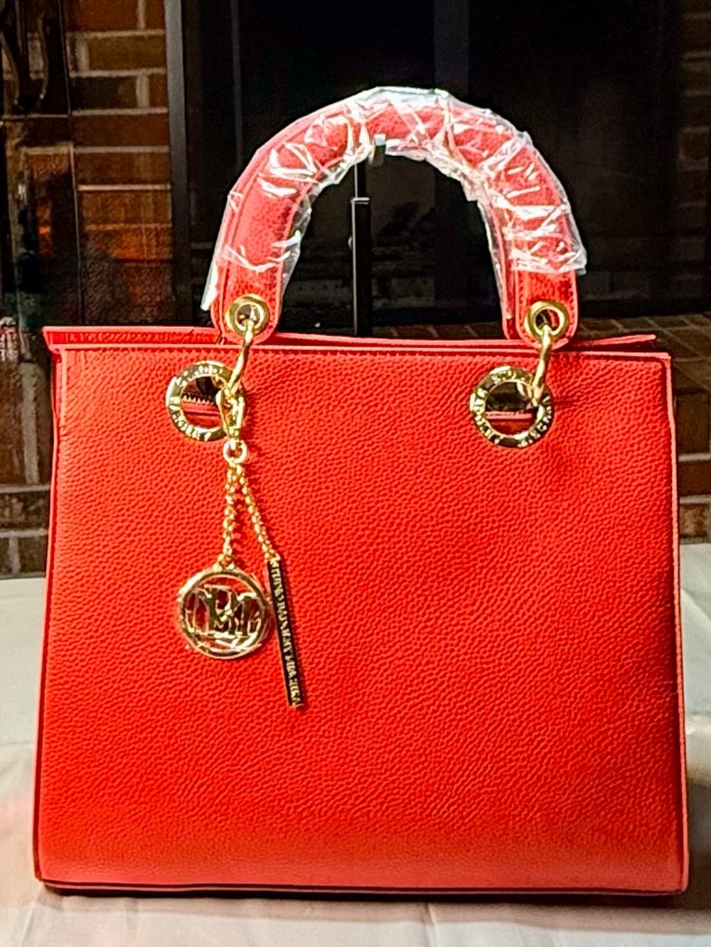 Badgley Mischka Red Pebbled Vegan Leather Top-Handle Satchel with Gold Hardware